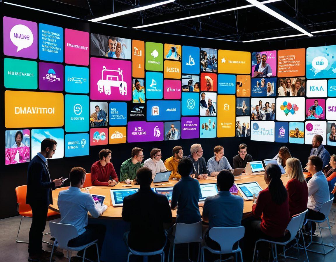 A vibrant digital marketplace filled with diverse groups of people engaged in animated conversations around colorful message boards. Show thought bubbles with various topics and ideas, amidst a lively atmosphere filled with tech elements and modern design. Add a friendly robot facilitator to represent connection and engagement. Use bright colors and a dynamic composition to create an inviting mood. super-realistic. vibrant colors. 3D.