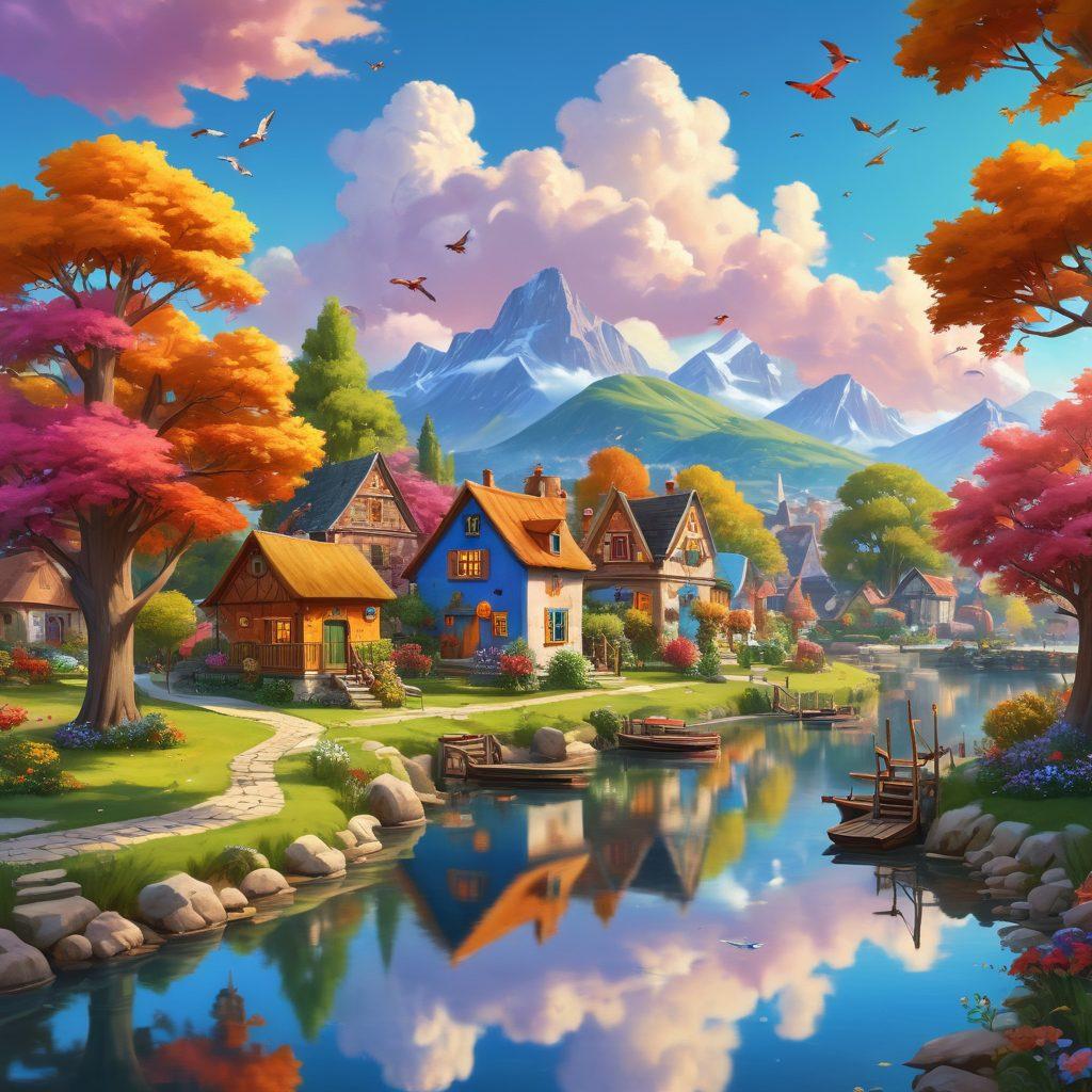 A whimsical landscape showcasing various social platforms represented as charming, colorful villages, each with unique architecture reflecting its character. Friendly villagers engage in joyful networking around vibrant trees and sparkling lakes, unified by digital icons floating above. Enveloping the scene, a bright sky filled with fluffy clouds and birds symbolizes freedom and connection. Charming style with a blend of cartoon and realism. vibrant colors. 3D.